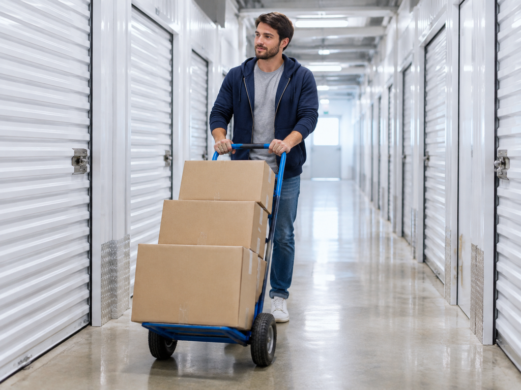 Moving boxes into the unit along the corridor